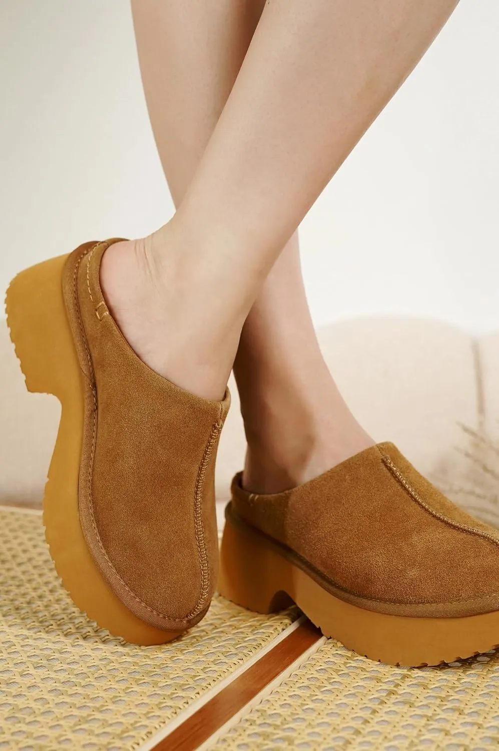 Project Cloud Platform Clogs for Women Footwear - Memory Foam and Non-Slip Genuine Suede Slip-on Mules Shoes, Comfortable Stylish Closed Toe Clogs for Women 2025 (Johnna)