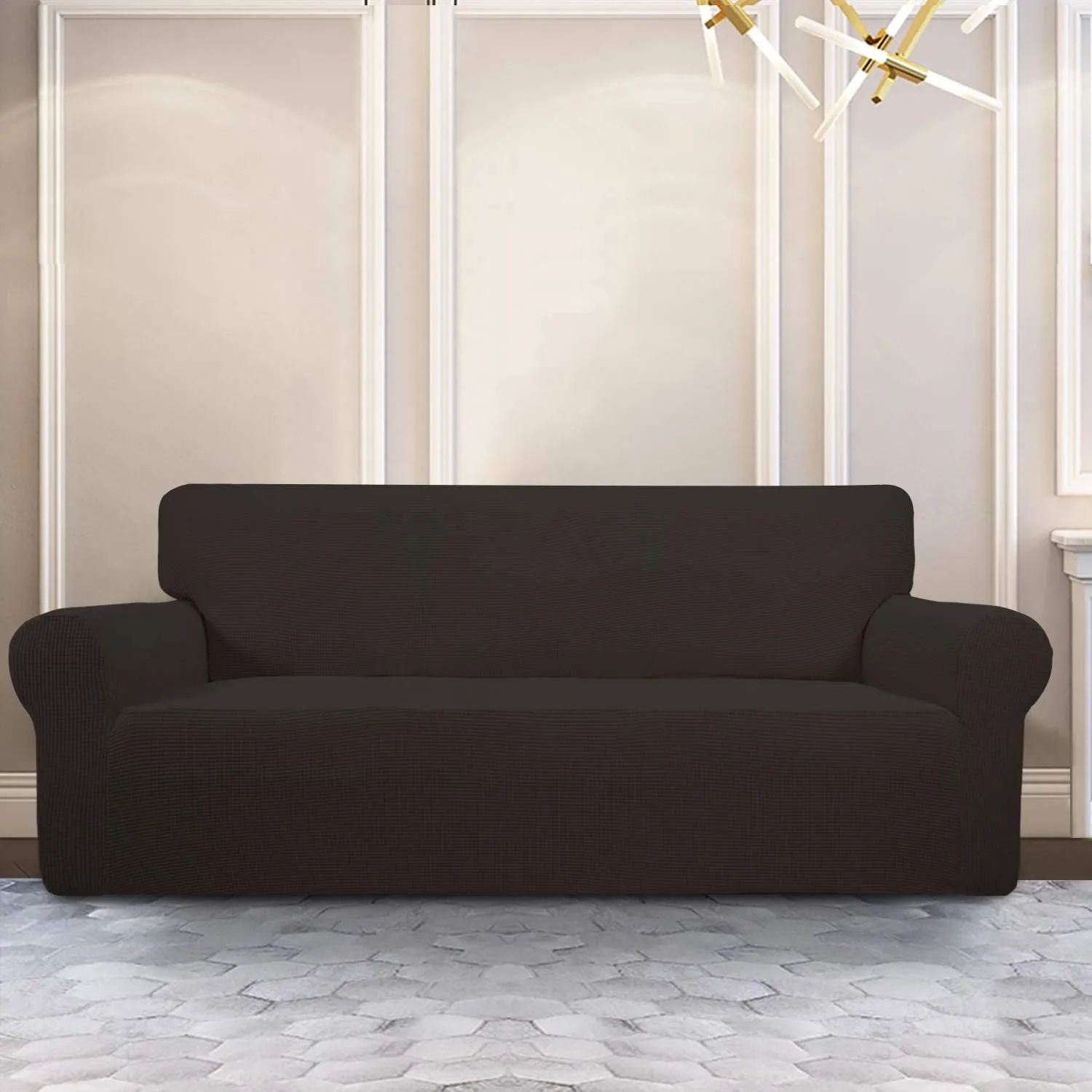 PureFit Stretch Sofa Slipcover – Spandex Jacquard Non Slip Soft Couch Sofa Cover, Washable Furniture Protector with Non Skid Foam and Elastic Bottom for Kids (Sofa, Chocolate)