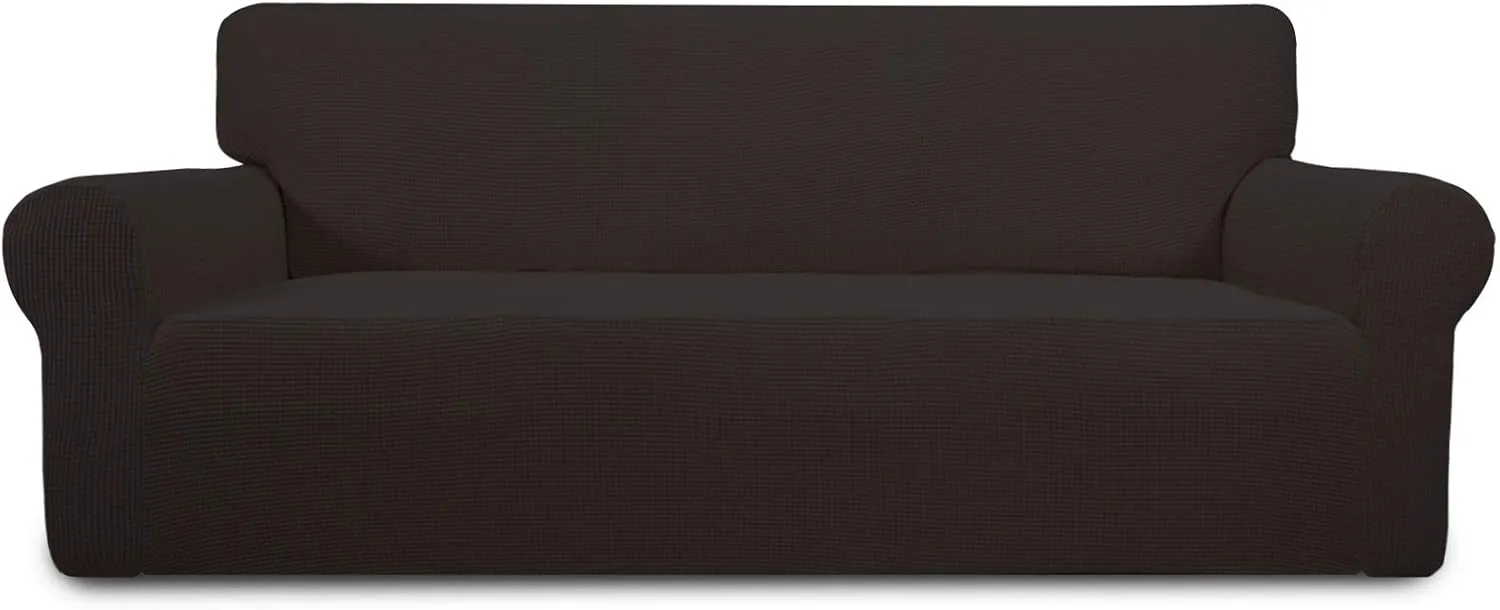PureFit Stretch Sofa Slipcover – Spandex Jacquard Non Slip Soft Couch Sofa Cover, Washable Furniture Protector with Non Skid Foam and Elastic Bottom for Kids (Sofa, Chocolate)