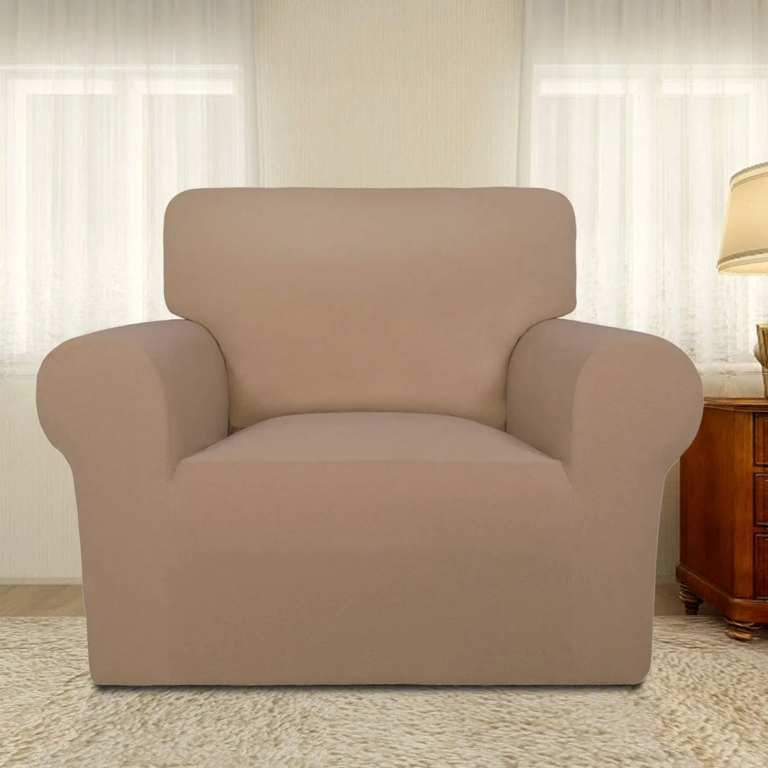 PureFit Super Stretch Chair Sofa Slipcover – Spandex Non Slip Soft Couch Sofa Cover, Washable Furniture Protector with Non Skid Foam and Elastic Bottom for Kids, Pets （Chair, Camel）