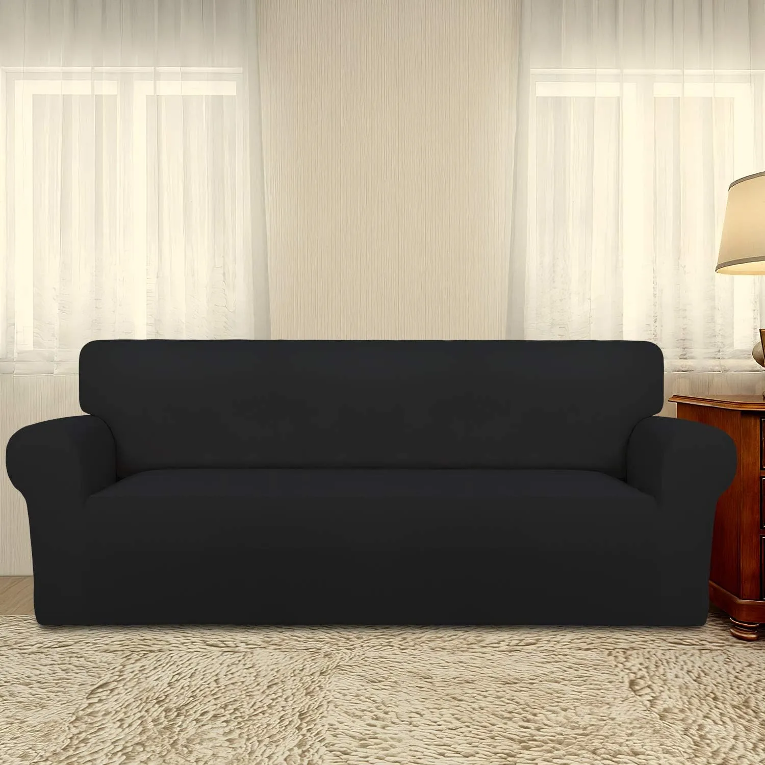 PureFit Super Stretch Sofa Slipcover – Spandex Non Slip Soft Couch Sofa Cover, Washable Furniture Protector with Non Skid Foam and Elastic Bottom for Kids, Pets （Sofa, Black）