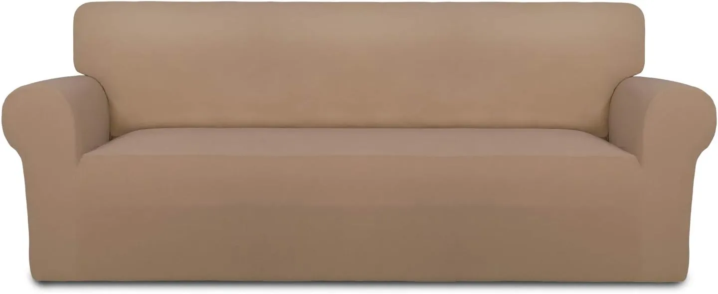 PureFit Super Stretch Sofa Slipcover – Spandex Non Slip Soft Couch Sofa Cover, Washable Furniture Protector with Non Skid Foam and Elastic Bottom for Kids, Pets （Sofa, Camel）