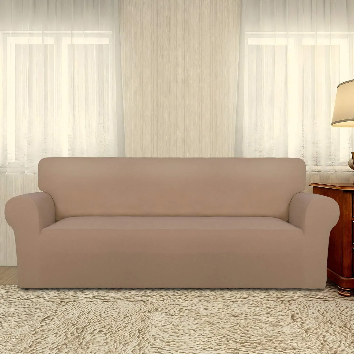 PureFit Super Stretch Sofa Slipcover – Spandex Non Slip Soft Couch Sofa Cover, Washable Furniture Protector with Non Skid Foam and Elastic Bottom for Kids, Pets （Sofa, Camel）