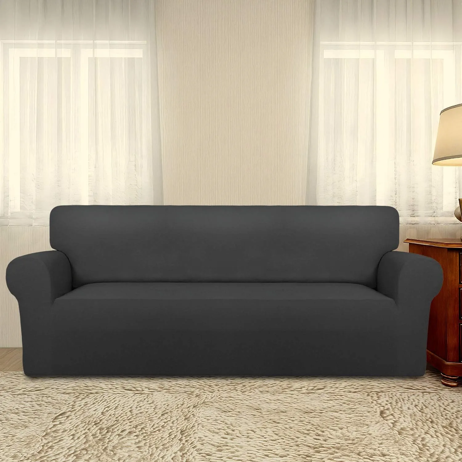 PureFit Super Stretch Sofa Slipcover – Spandex Non Slip Soft Couch Sofa Cover, Washable Furniture Protector with Non Skid Foam and Elastic Bottom for Kids, Pets （Sofa, Dark Gray）