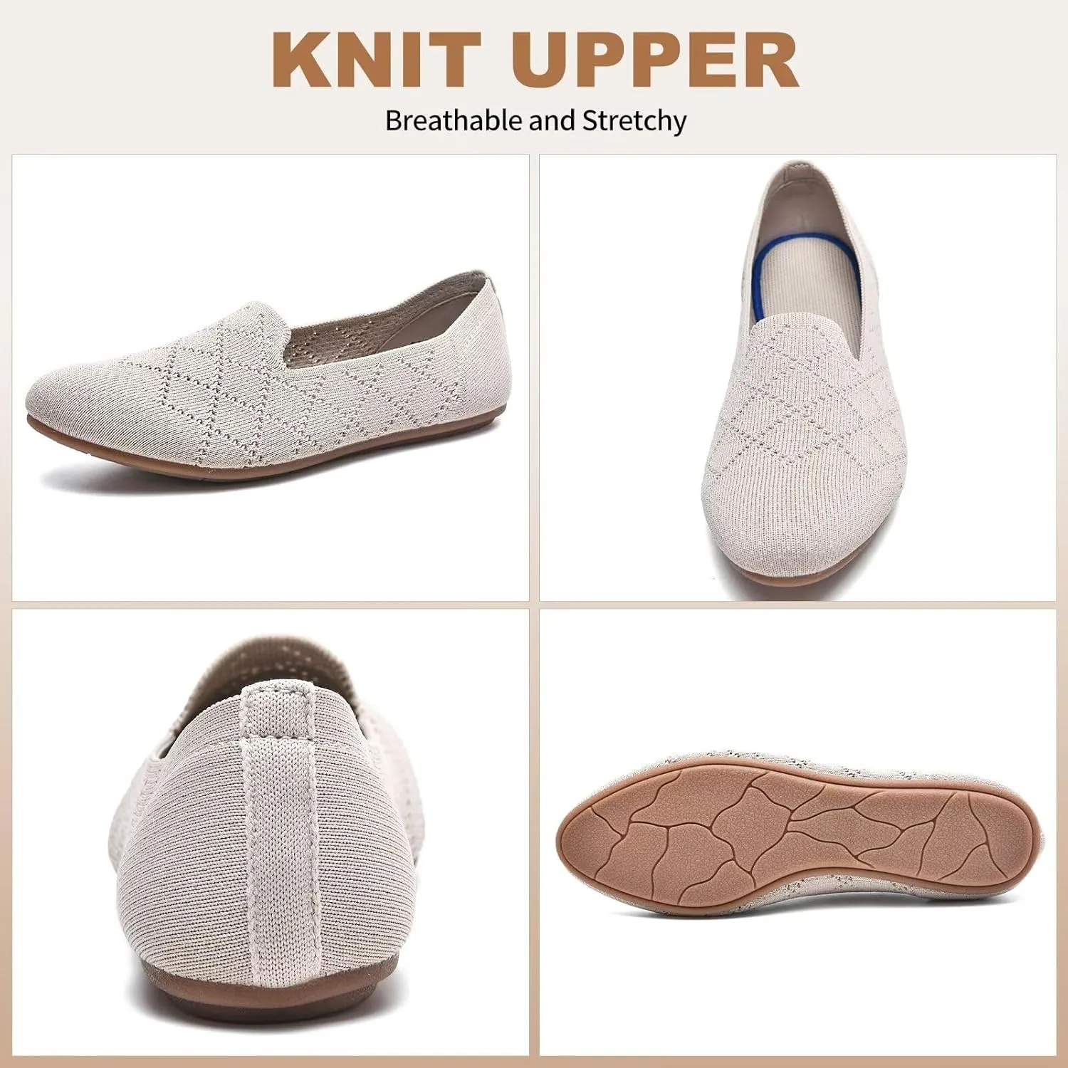 Puxowe Ballet Flats for Women - Stretch Knit Slip-On Low Wedge Shoes, Soft Round Toe Design for Office, Travel & Daily Walking