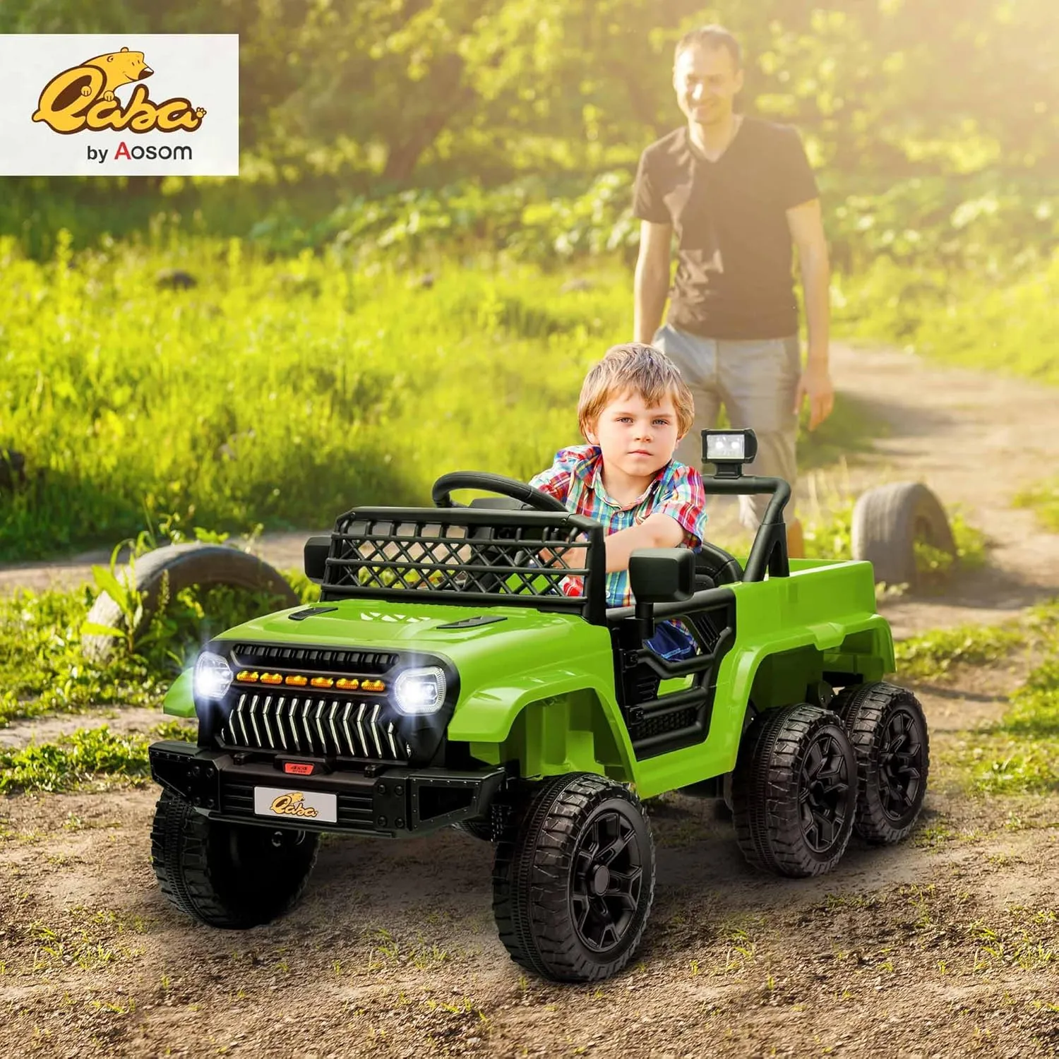 Qaba 12V 4x4 Kids Ride on Truck with Back Trailer, 2WD/4WD Switchable Kids Electric Car with Parent Remote Control, Spring Suspension System, Soft Start, Music, LED Light, Horn, Green