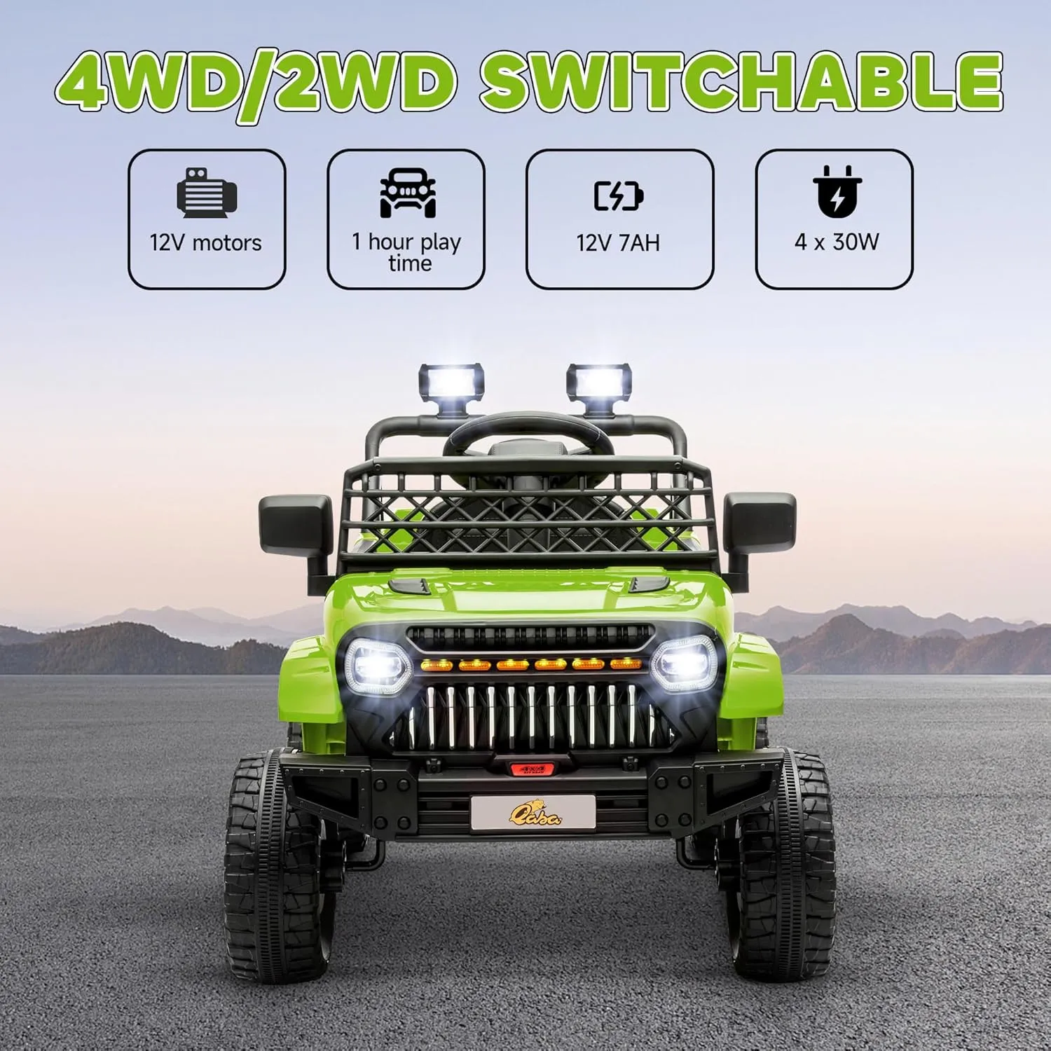 Qaba 12V 4x4 Kids Ride on Truck with Back Trailer, 2WD/4WD Switchable Kids Electric Car with Parent Remote Control, Spring Suspension System, Soft Start, Music, LED Light, Horn, Green
