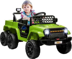 Qaba 12V 4x4 Kids Ride on Truck with Back Trailer, 2WD/4WD Switchable Kids Electric Car with Parent Remote Control, Spring Suspension System, Soft Start, Music, LED Light, Horn, Green