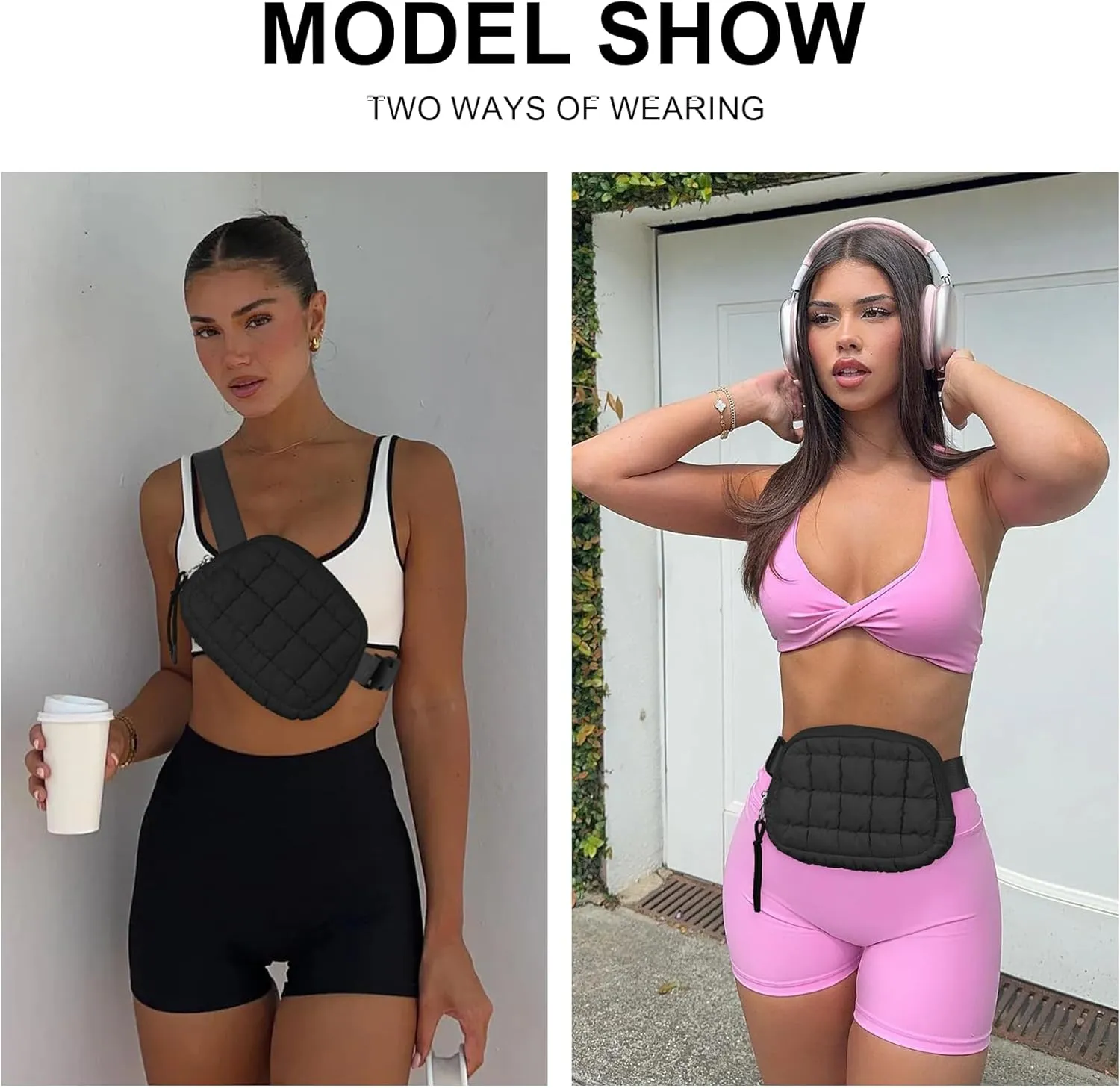 Quilted Puffer Belt Bag Waist Fanny Packs Lightweight Crossbody Bag with Adjustable Strap for Workout Running Traveling Hiking 8042 Black