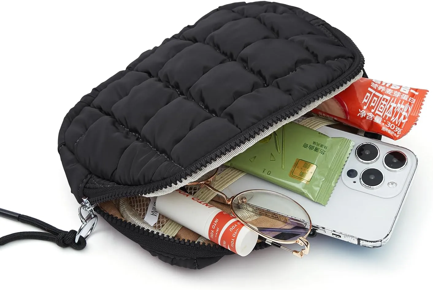 Quilted Puffer Belt Bag Waist Fanny Packs Lightweight Crossbody Bag with Adjustable Strap for Workout Running Traveling Hiking 8042 Black