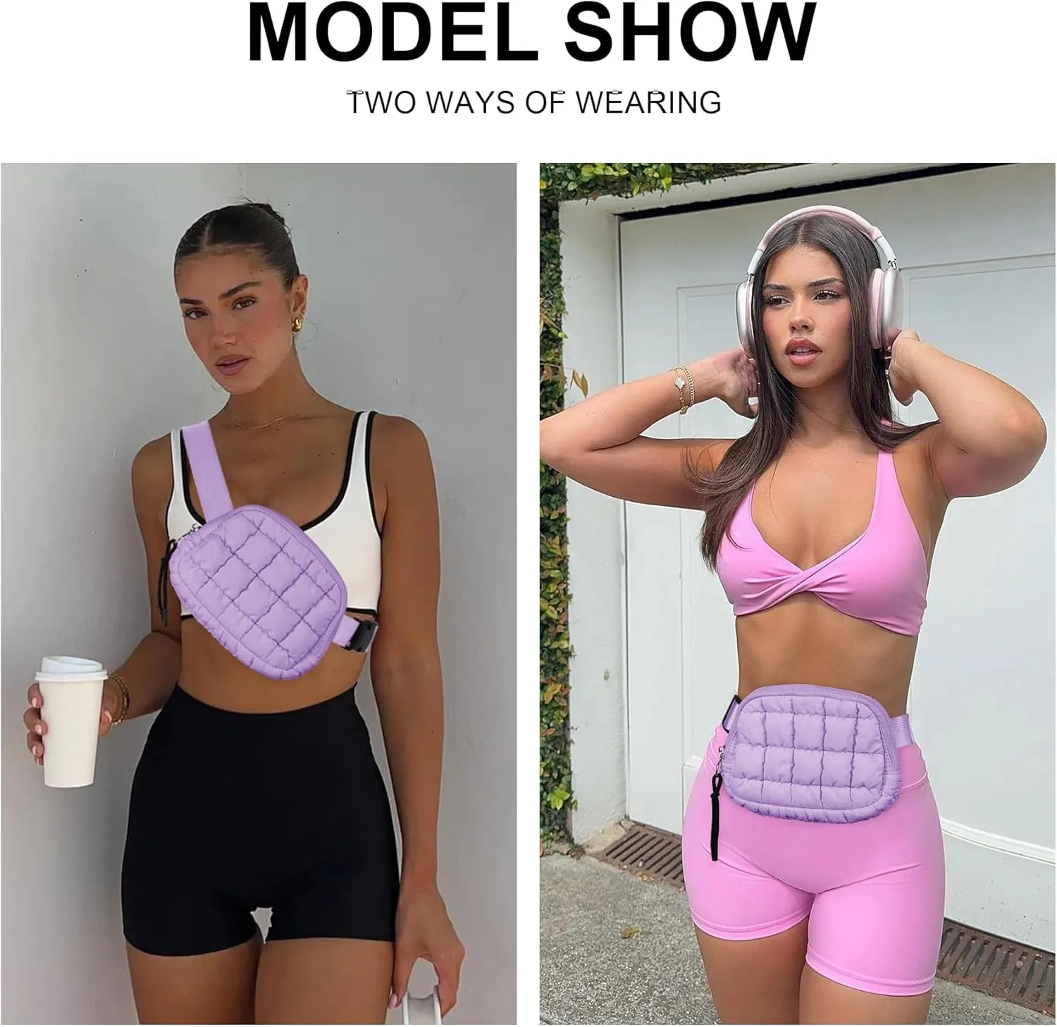 Quilted Puffer Belt Bag Waist Fanny Packs Lightweight Crossbody Bag with Adjustable Strap for Workout Running Traveling Hiking 8042 Light Purple