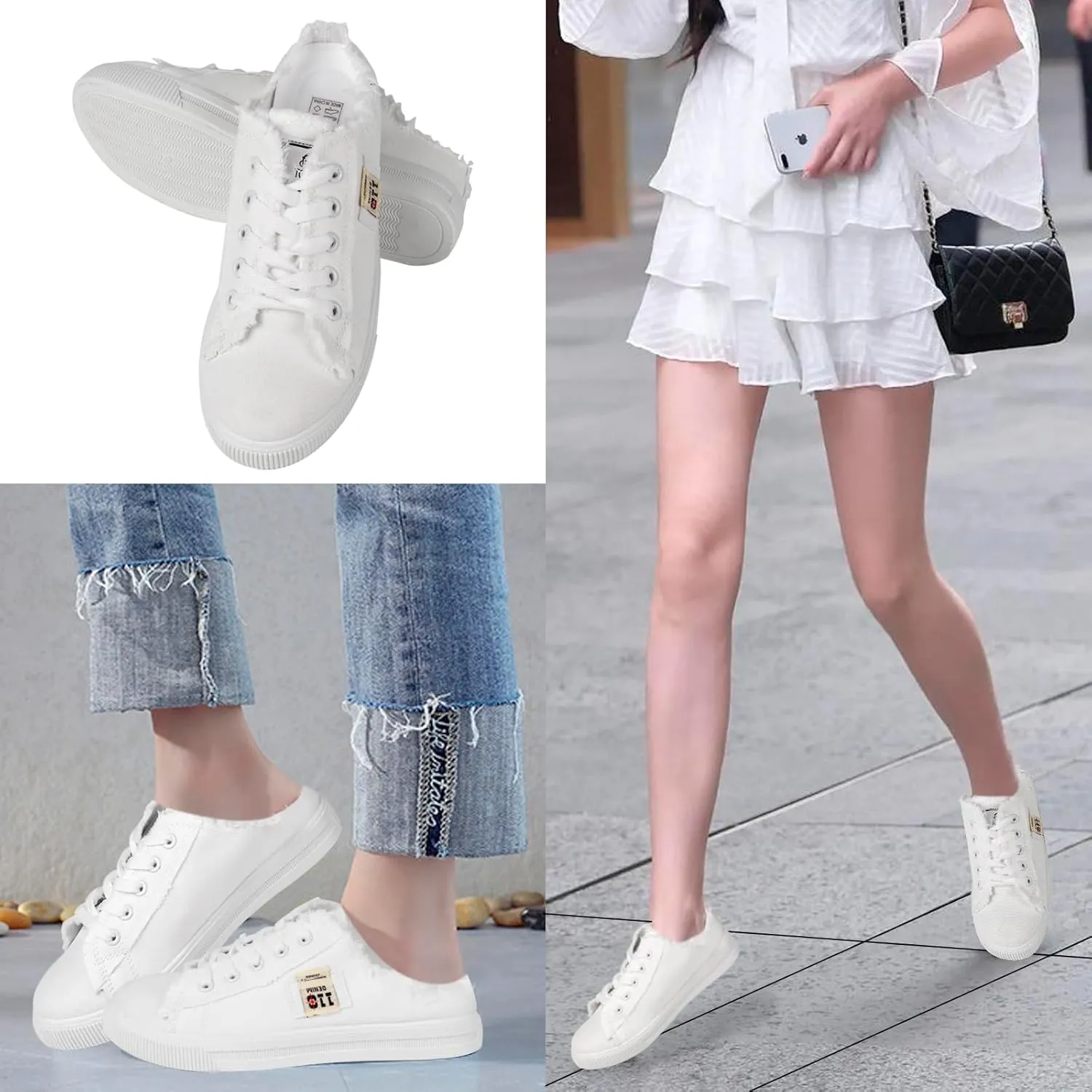 QZUnique Women's Canvas Sneakers, Slip-On Mule Backless Low Top Fashion Walking Shoes for Summer, White Lace up Casual Classic Comfortable Clipper Sneakers