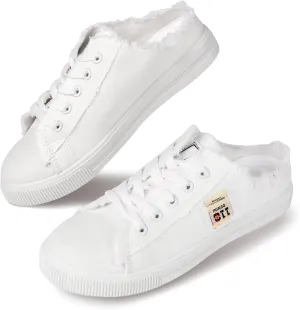 QZUnique Women's Canvas Sneakers, Slip-On Mule Backless Low Top Fashion Walking Shoes for Summer, White Lace up Casual Classic Comfortable Clipper Sneakers