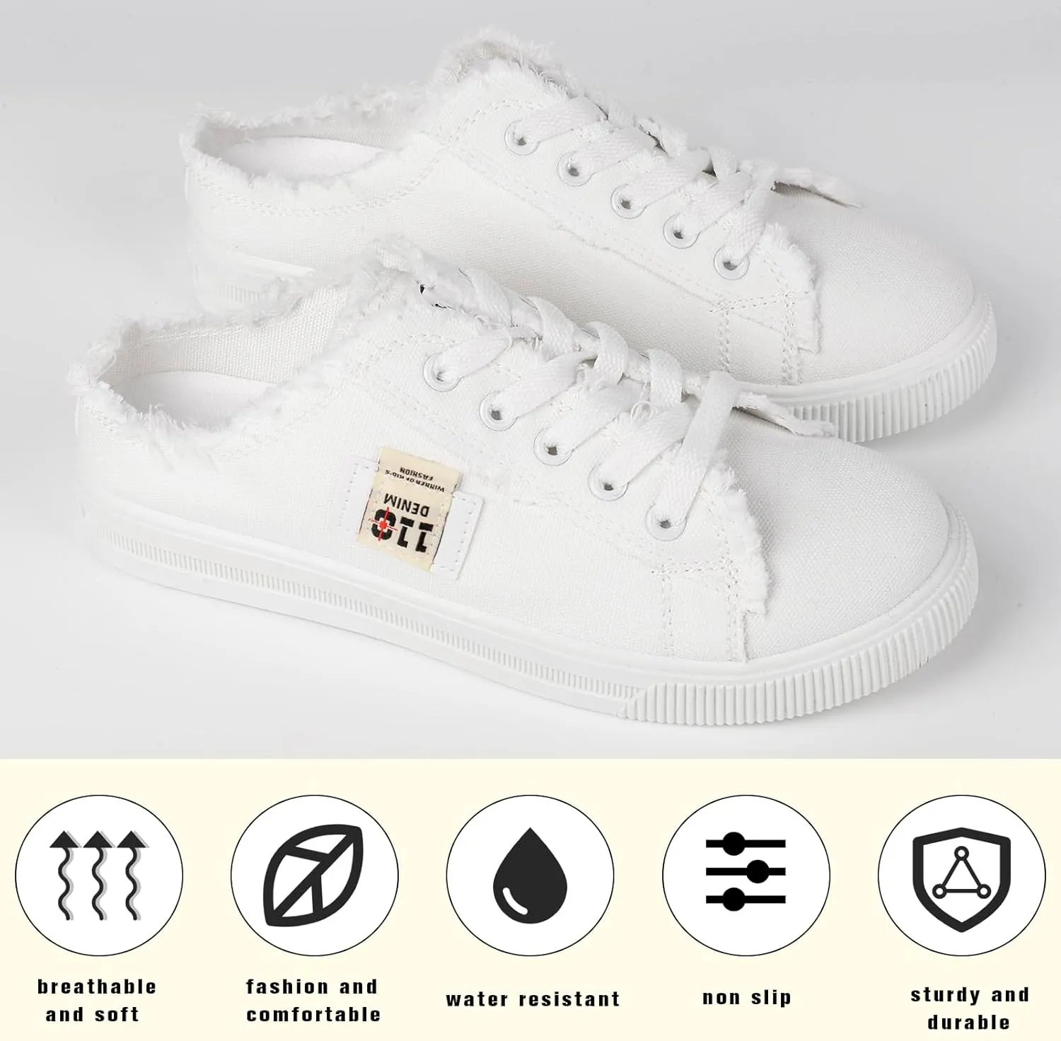 QZUnique Women's Canvas Sneakers, Slip-On Mule Backless Low Top Fashion Walking Shoes for Summer, White Lace up Casual Classic Comfortable Clipper Sneakers