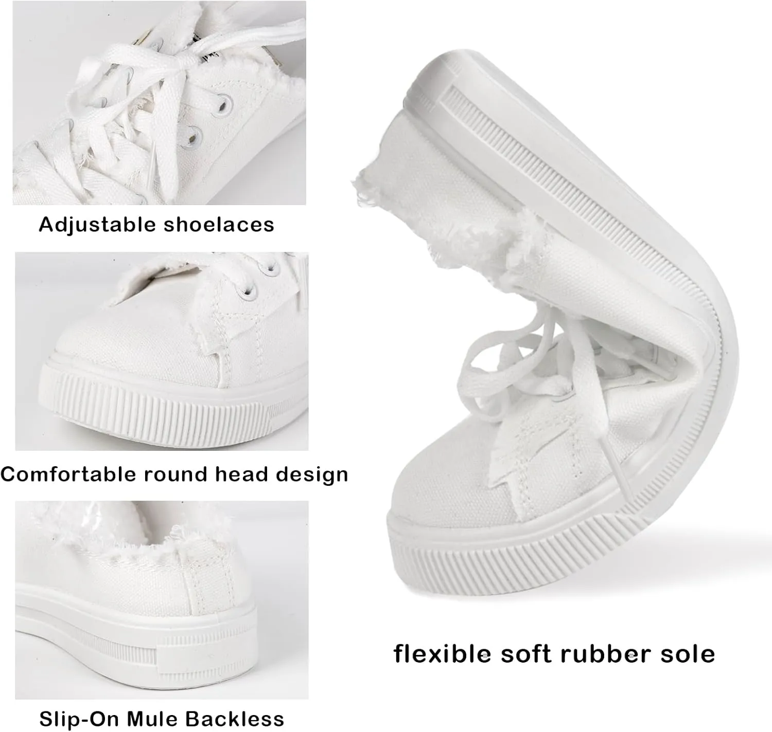 QZUnique Women's Canvas Sneakers, Slip-On Mule Backless Low Top Fashion Walking Shoes for Summer, White Lace up Casual Classic Comfortable Clipper Sneakers
