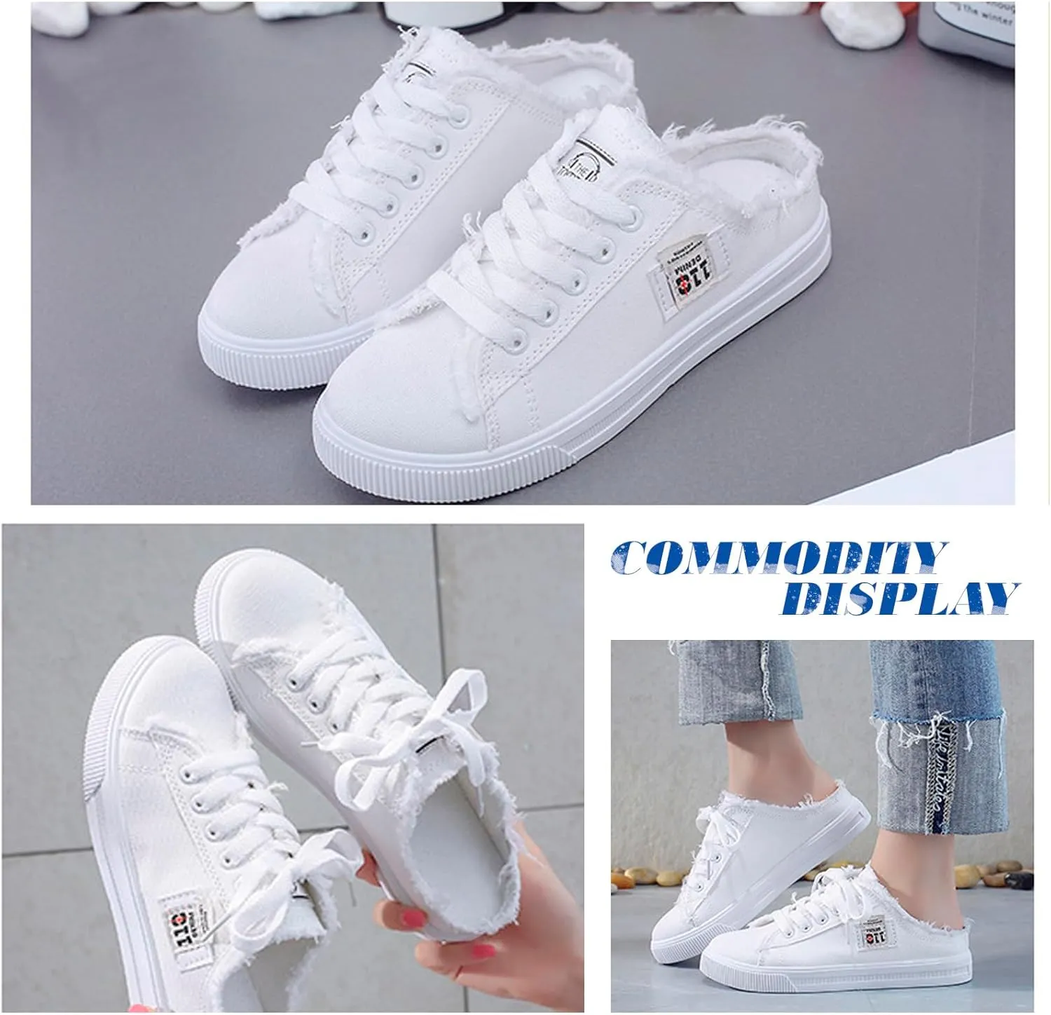 QZUnique Women's Canvas Sneakers, Slip-On Mule Backless Low Top Fashion Walking Shoes for Summer, White Lace up Casual Classic Comfortable Clipper Sneakers