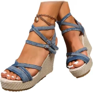 Rattan Sandals Raffia Wedge Espadrilles for Women Platform Strappy Dress Shoes Slingback Ankle Straps Casual House Slippers Breathable Open Toes Summer Walking Slides No Slip Sole with Arch Support