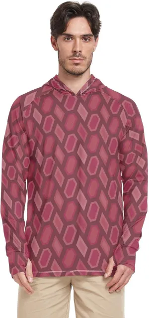 Red Irregular Line Men's Sun Protection Hoodie Long Sleeve UPF 50   Mens Sun Shirts Quick Dry Mens Rash Guard UV Sun Proof Shirts Camisas para Hombres de Trabajo construcción Manga Larga