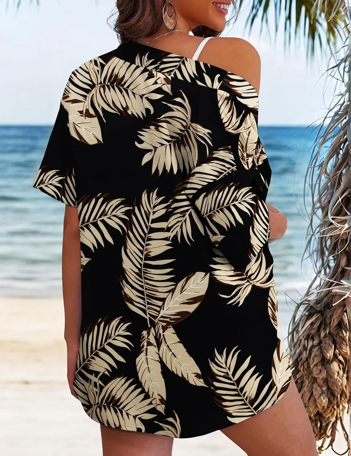REDHOTYPE Women's 2 Piece Outfits Kimono Style Tropical Print Cover Ups Half Sleeve Blouse Shorts Set Summer Beachwear （S-XL）