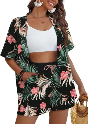 REDHOTYPE Women's 2 Piece Outfits Kimono Style Tropical Print Cover Ups Half Sleeve Blouse Shorts Set Summer Beachwear （S-XL）