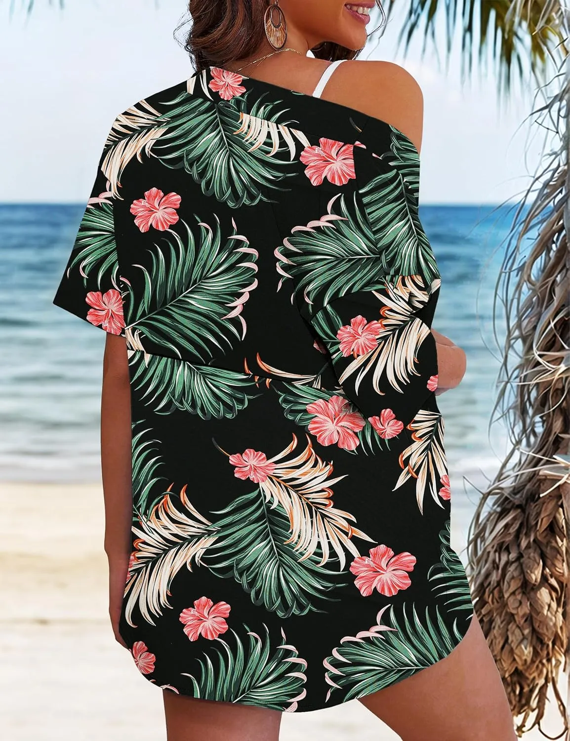 REDHOTYPE Women's 2 Piece Outfits Kimono Style Tropical Print Cover Ups Half Sleeve Blouse Shorts Set Summer Beachwear （S-XL）