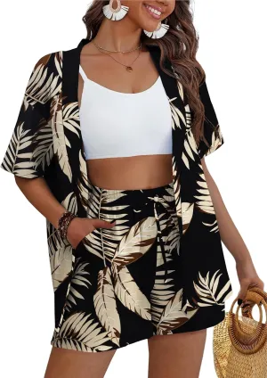 REDHOTYPE Women's 2 Piece Outfits Kimono Style Tropical Print Cover Ups Half Sleeve Blouse Shorts Set Summer Beachwear （S-XL）