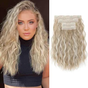 REECHO Clip-in Hair Extensions, 4PCS 14" Short Wavy Hairpieces - Invisible Lace Weft, Natural Soft Ash Blonde with Highlights