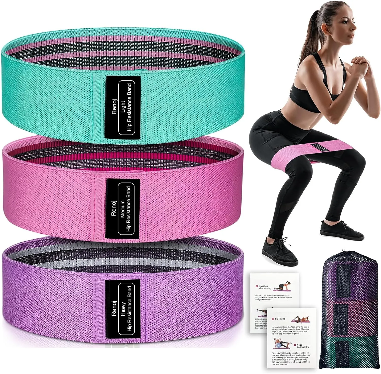 Renoj Resistance Bands, Exercise Workout Bands for Women and Men, 3 Set of Stretch Bands for Booty Legs for Yoga Starter, Pilates Flexbands