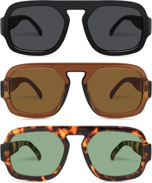 Retro Square Aviator Sunglasses for Women Men 70s Vintage style Shades Trendy Flat Top UV Protection Sun Glasses