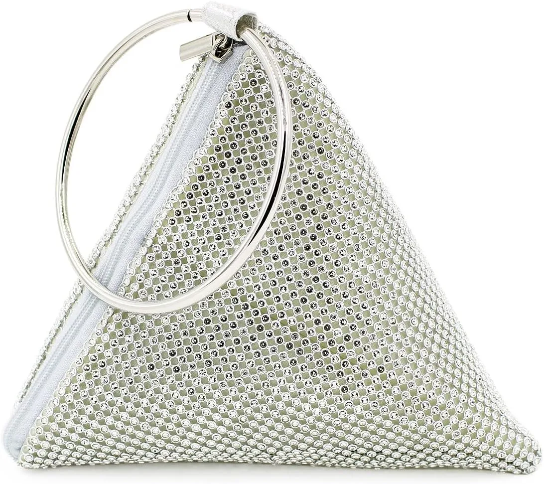 Rhinestone Mesh Triangle Pyramid Clutch Full Crystal Soft Wristlet Handbag