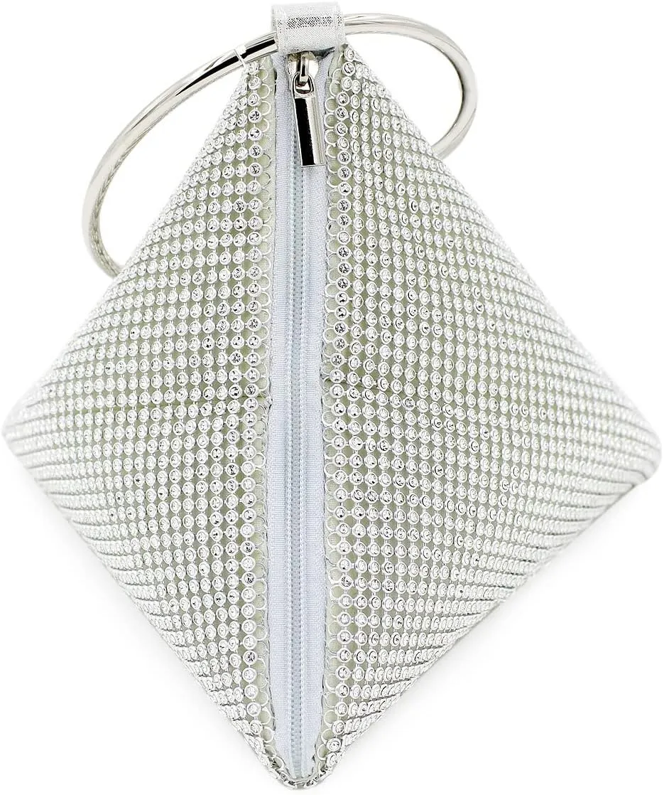 Rhinestone Mesh Triangle Pyramid Clutch Full Crystal Soft Wristlet Handbag