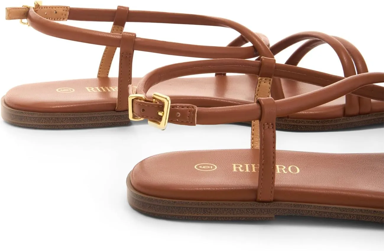Rihero Women's Strappy Flat Sandals Summer Lace Up Open Toe Comfortable Slip-On Ankle Strap Sandals