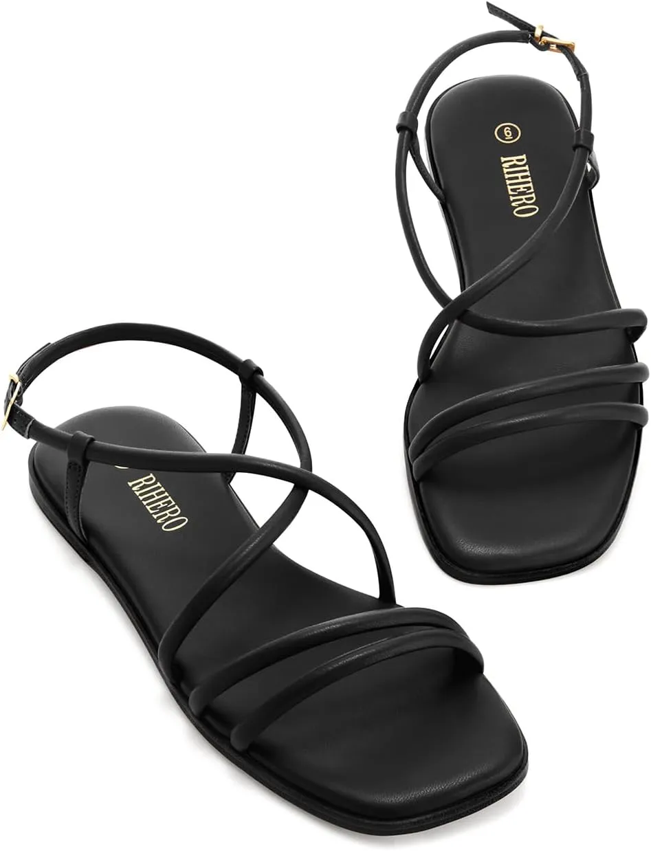 Rihero Women's Strappy Flat Sandals Summer Lace Up Open Toe Comfortable Slip-On Ankle Strap Sandals