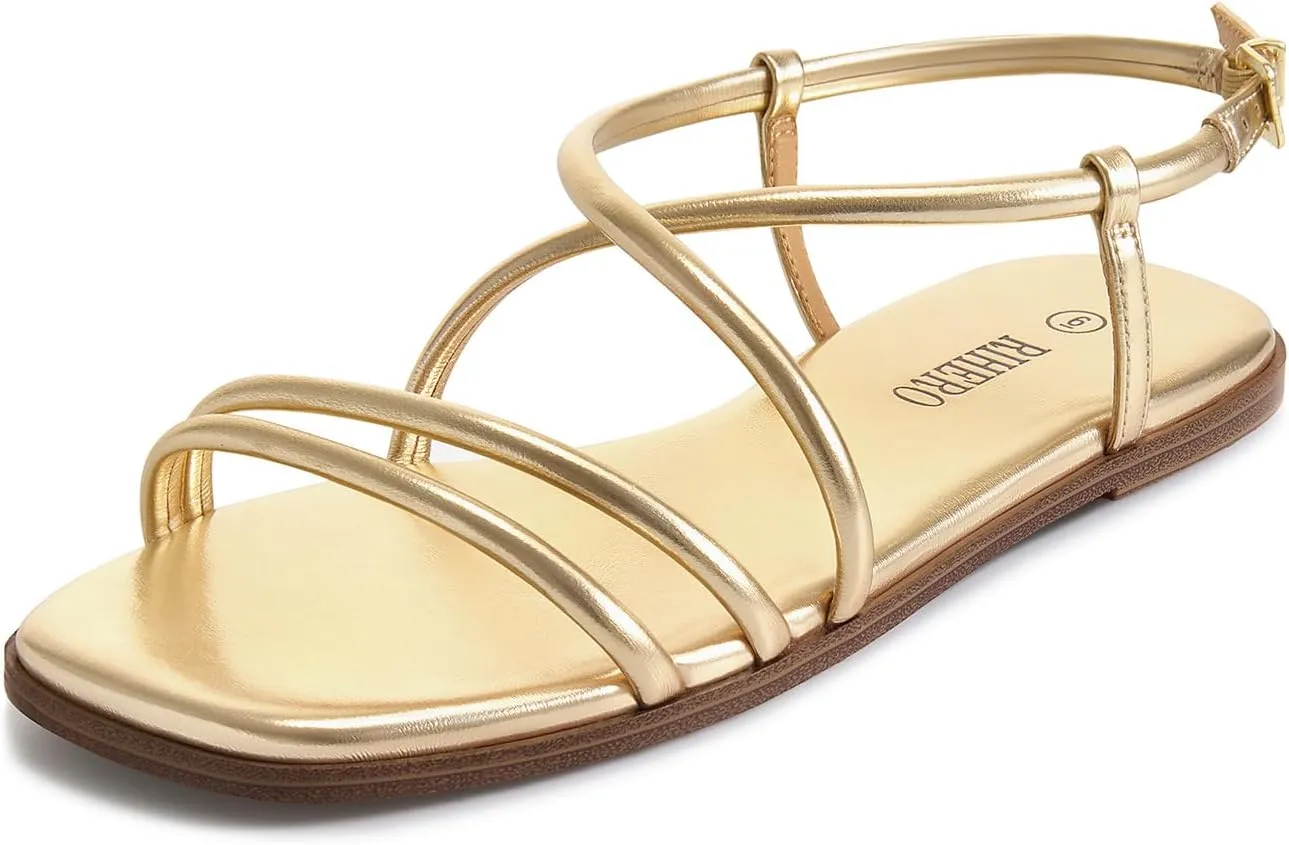 Rihero Women's Strappy Flat Sandals Summer Lace Up Open Toe Comfortable Slip-On Ankle Strap Sandals