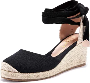 Ruanyu Womens Platform Espadrille Sandals Lace Up Closed Toe Summer Wedge Sandals