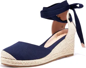 Ruanyu Womens Platform Espadrille Sandals Lace Up Closed Toe Summer Wedge Sandals