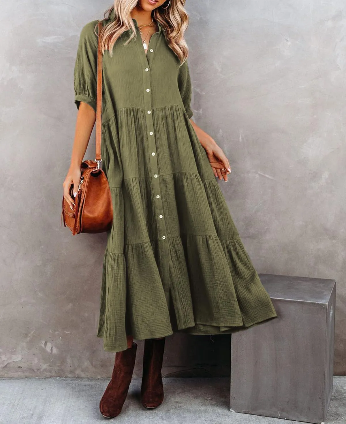 R.Vivimos Women's Summer Cotton Half Sleeves Button Down Casual Loose Slit Midi Dress with Pockets