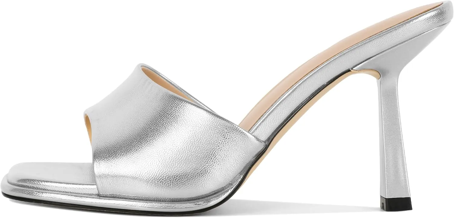 SAMMITOP Women's High Stiletto Heels Sandals Square Open Toe One Band Slip On Mules Slide Comfort Party Dating Daily Vacation Shoes 3.5 Inch