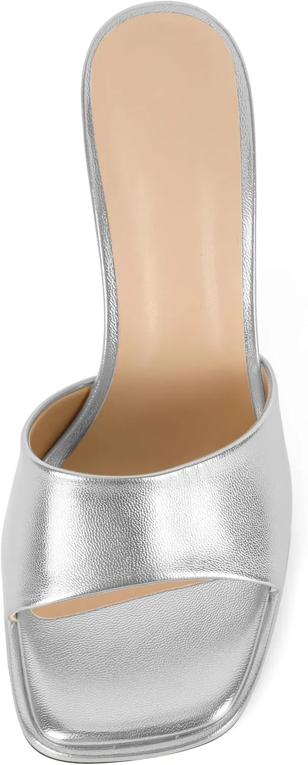 SAMMITOP Women's High Stiletto Heels Sandals Square Open Toe One Band Slip On Mules Slide Comfort Party Dating Daily Vacation Shoes 3.5 Inch