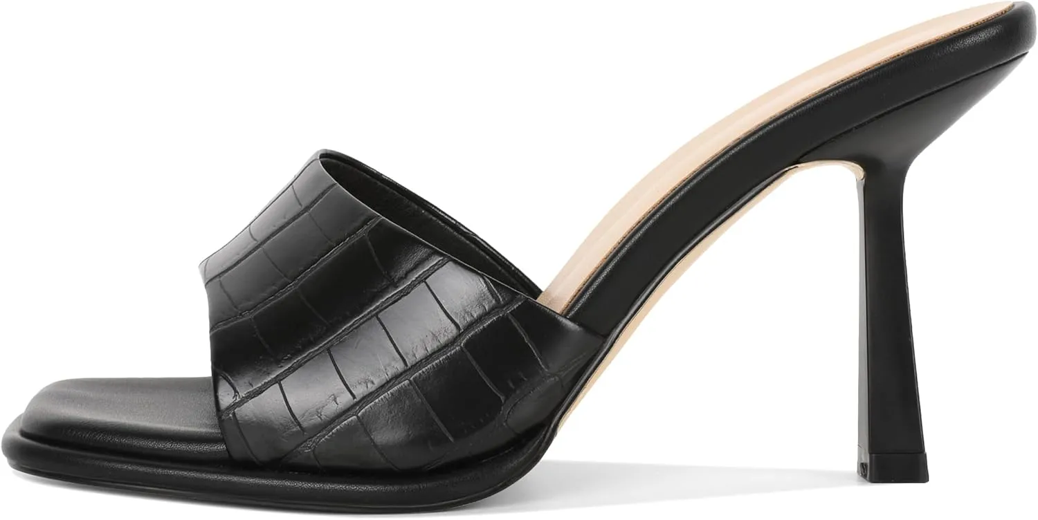 SAMMITOP Women's High Stiletto Heels Sandals Square Open Toe One Band Slip On Mules Slide Comfort Party Dating Daily Vacation Shoes 3.5 Inch