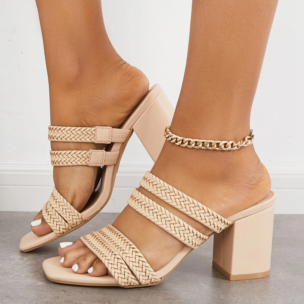 Sandals on Braided Performance-optimized Proactive support Heels Heel Square Toe Slip Block Mule