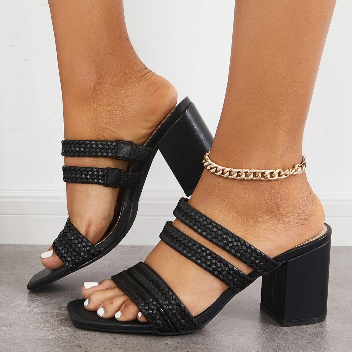 Sandals on Braided Performance-optimized Proactive support Heels Heel Square Toe Slip Block Mule