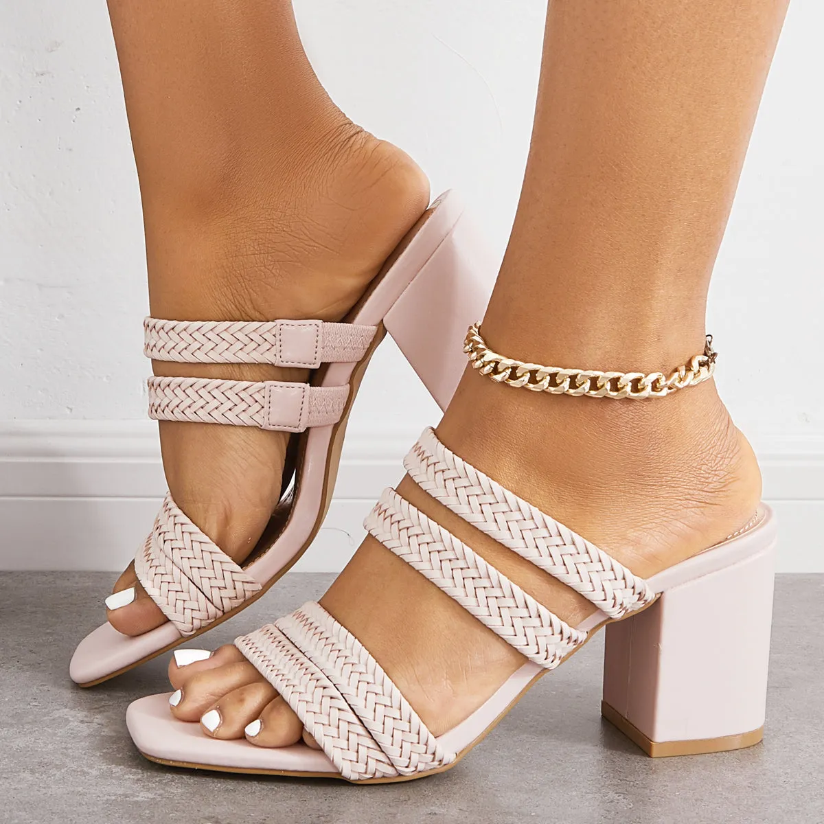 Sandals on Braided Performance-optimized Proactive support Heels Heel Square Toe Slip Block Mule