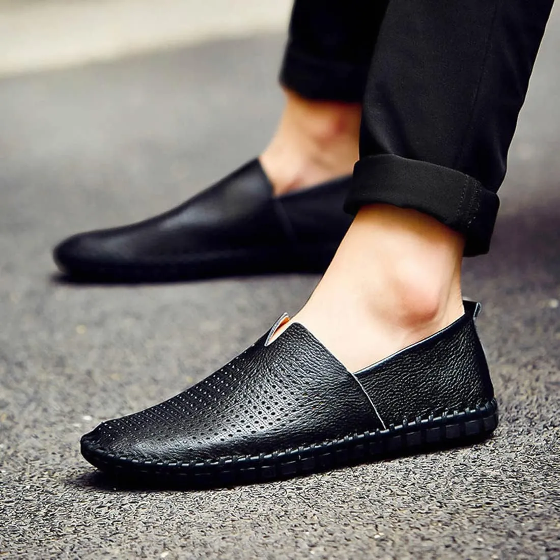 Santimon Men's Leather Espadrille Slip-On Plain Toe Casual Breathable Shoes
