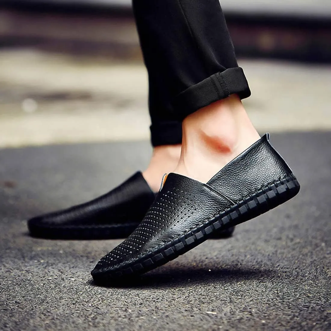 Santimon Men's Leather Espadrille Slip-On Plain Toe Casual Breathable Shoes