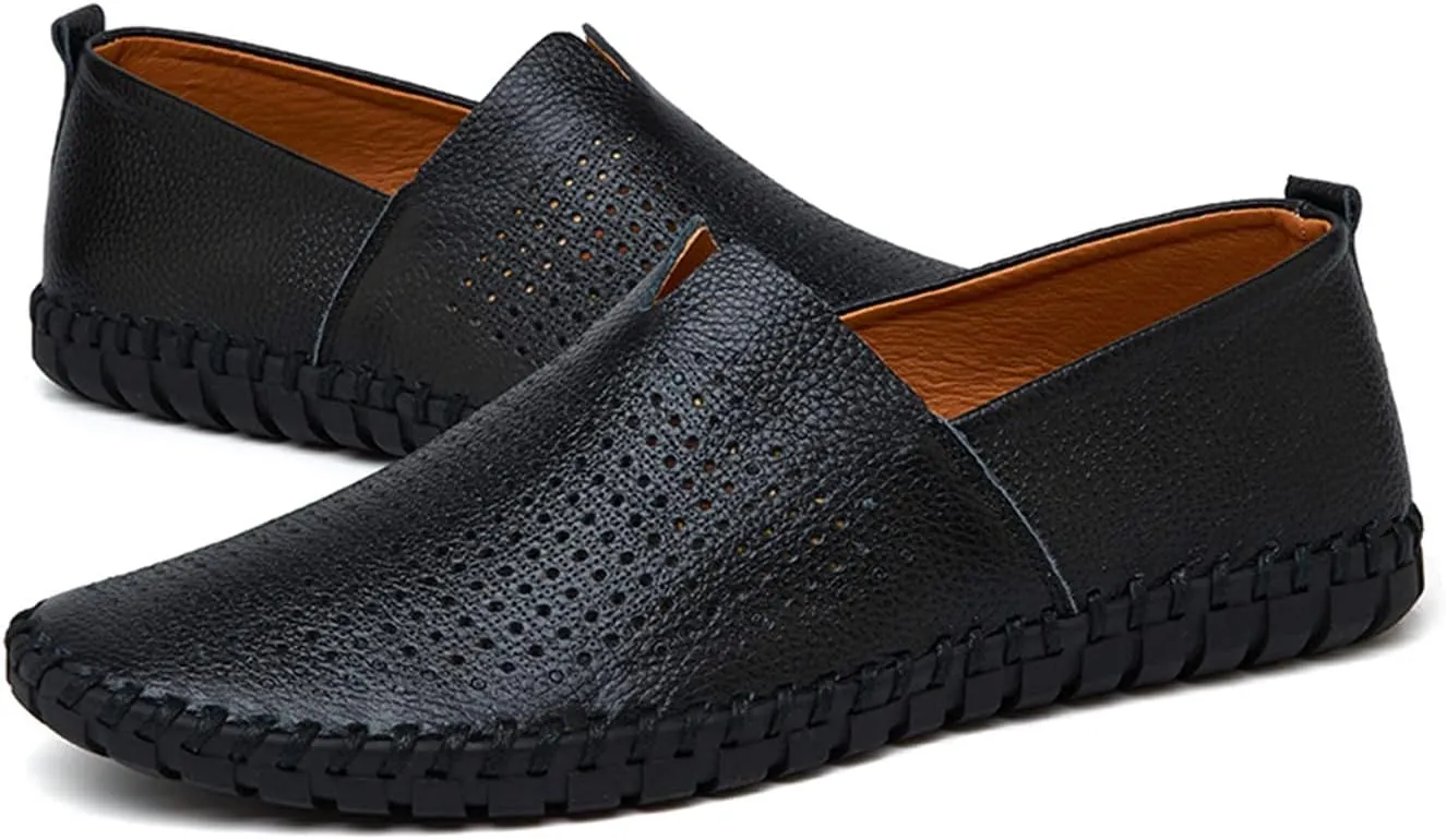 Santimon Men's Leather Espadrille Slip-On Plain Toe Casual Breathable Shoes