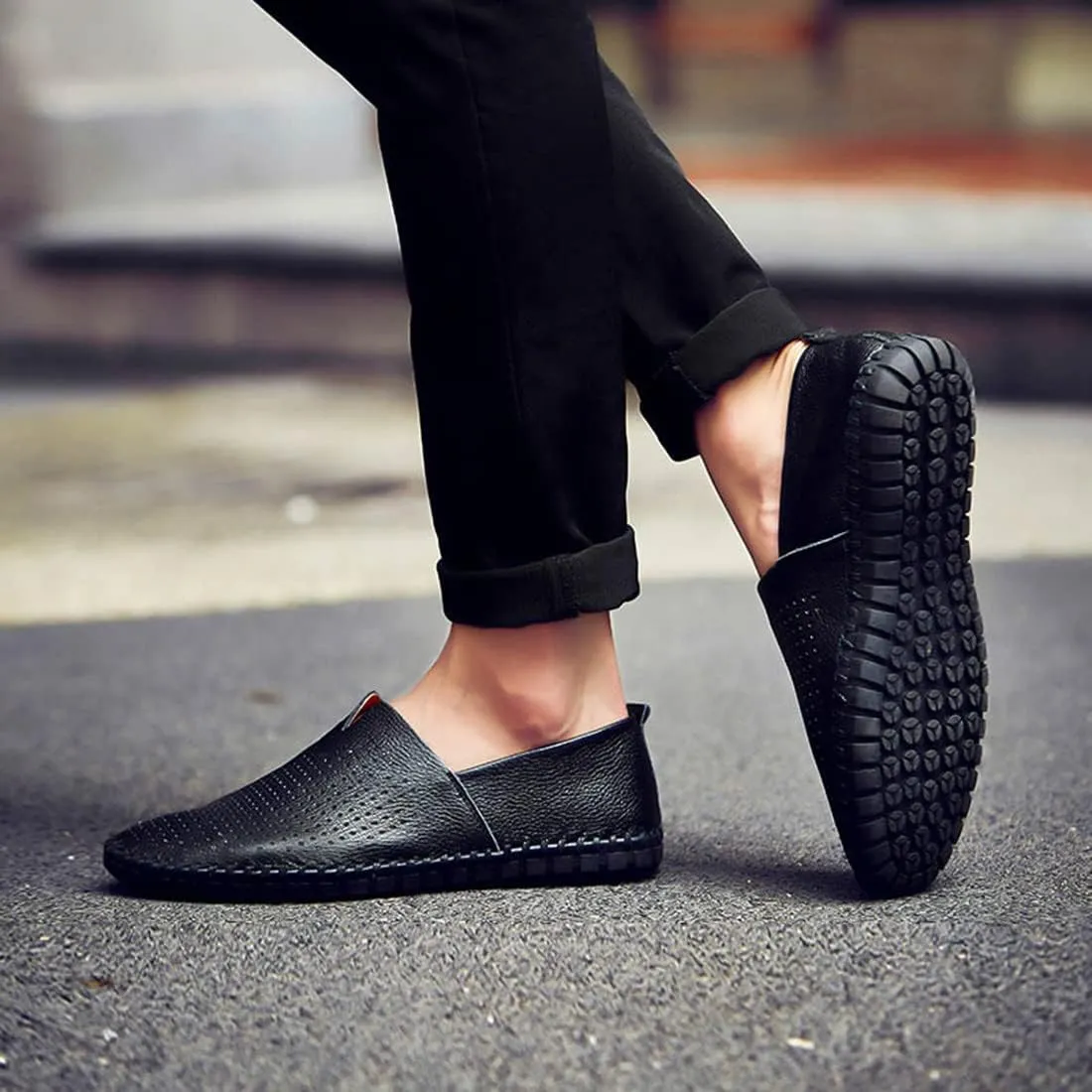 Santimon Men's Leather Espadrille Slip-On Plain Toe Casual Breathable Shoes