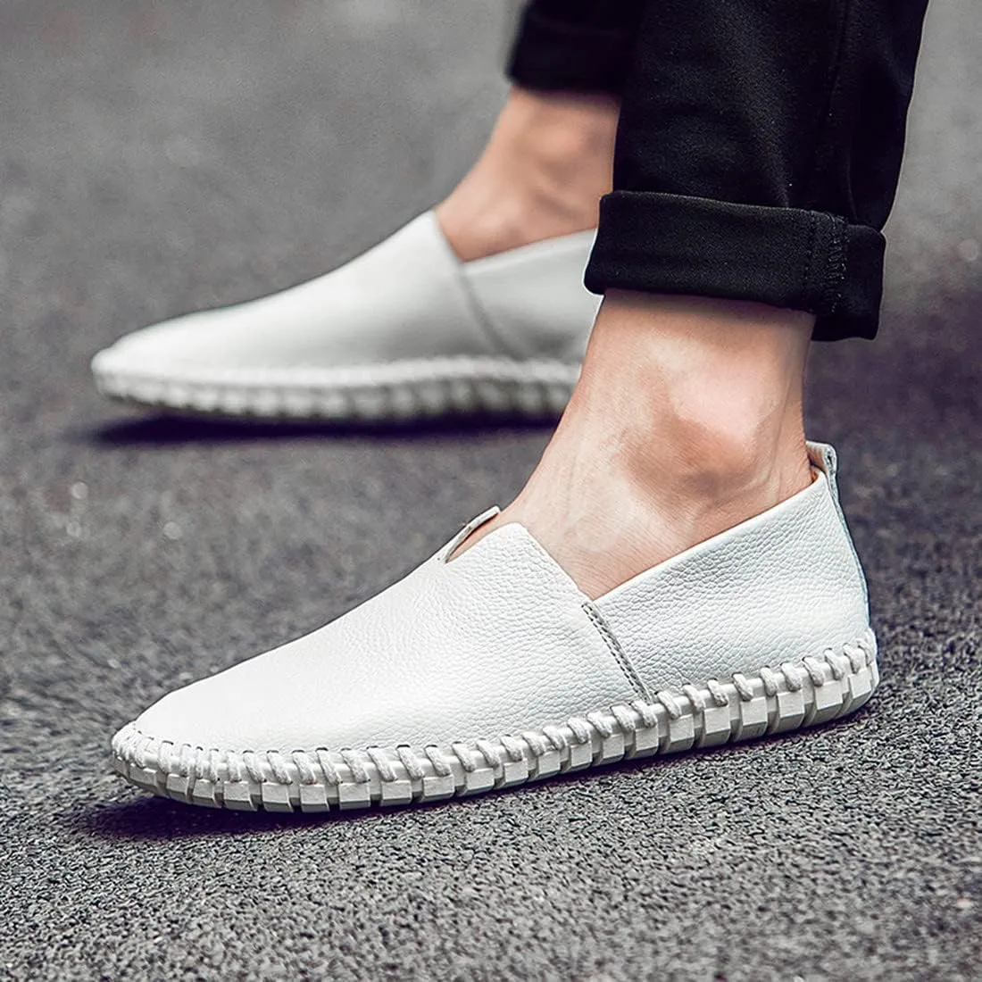 Santimon Men's Leather Espadrille Slip-On Plain Toe Casual Dress Loafer Shoes