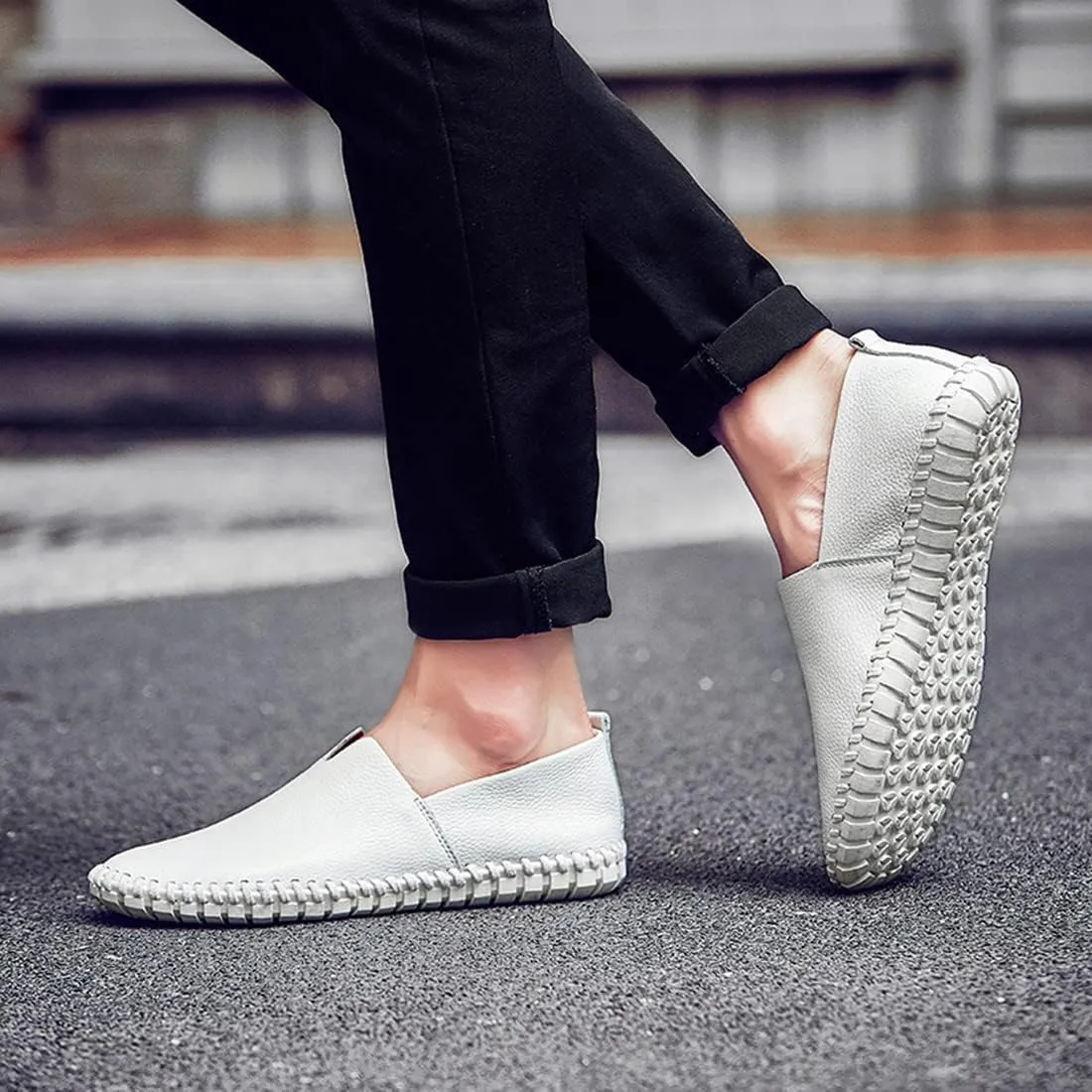 Santimon Men's Leather Espadrille Slip-On Plain Toe Casual Dress Loafer Shoes