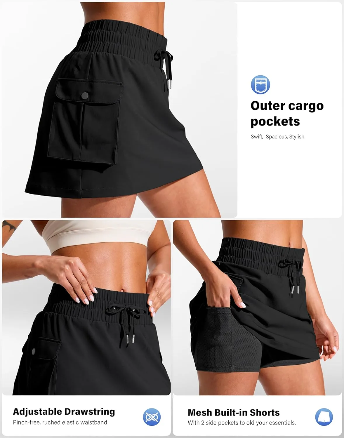 SANTINY 14" Cargo Skorts for Women with 4 Pockets Drawstring High Waisted Golf Hiking Skirt for Casual Summer Travel